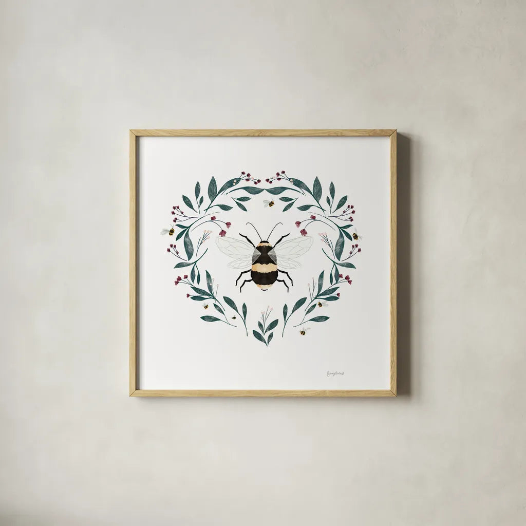 Bees VI by Becky Thorns. Shown in a natural wood glass frame for a timeless modern aesthetic. Available as an archival giclee rolled canvas, fine art paper, or poster print. SKU 70689a.