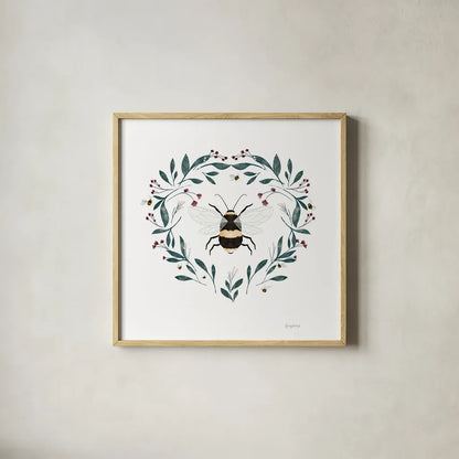 Bees VI by Becky Thorns. Shown in a natural wood glass frame for a timeless modern aesthetic. Available as an archival giclee rolled canvas, fine art paper, or poster print. SKU 70689a.