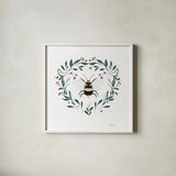 Bees VI by Becky Thorns. Shown in a crisp white glass frame for a clean and minimalist style. Available as an archival giclee rolled canvas, fine art paper, or poster print. SKU 70689a.