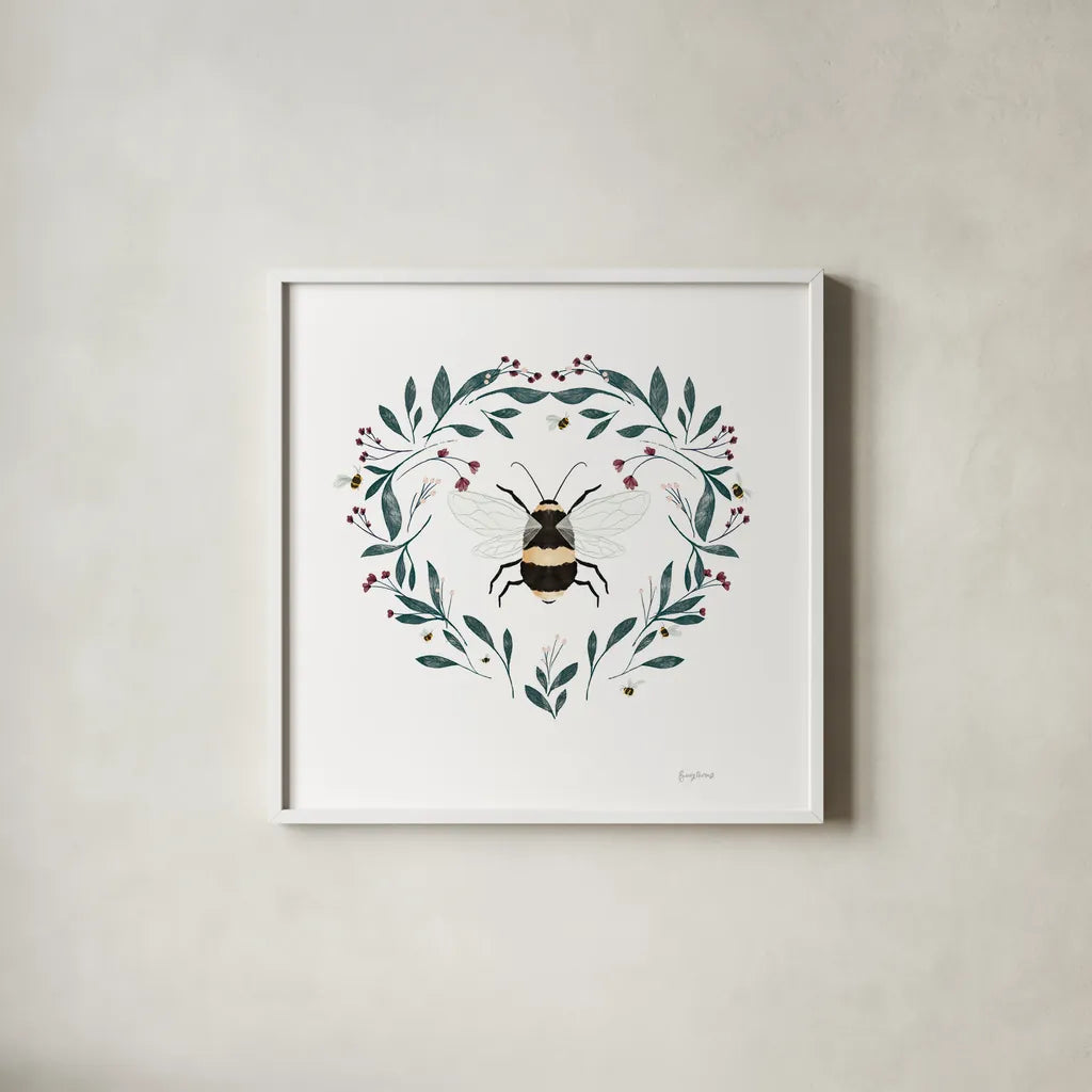 Bees VI by Becky Thorns. Shown in a crisp white glass frame for a clean and minimalist style. Available as an archival giclee rolled canvas, fine art paper, or poster print. SKU 70689a.