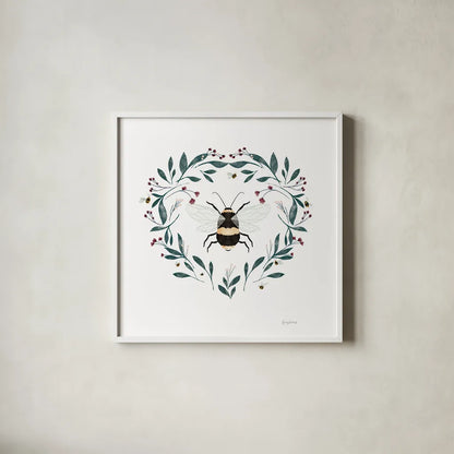 Bees VI by Becky Thorns. Shown in a crisp white glass frame for a clean and minimalist style. Available as an archival giclee rolled canvas, fine art paper, or poster print. SKU 70689a.