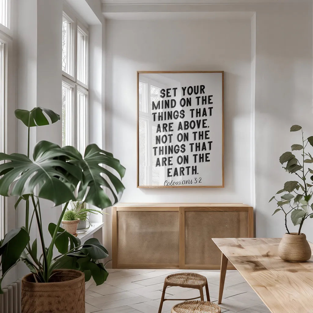 Bible Saying II BW by Becky Thorns. shown as a print in a natural wood frame in a dining room. Available as a archival giclee rolled canvas, fine art paper, or poster print. SKU 67043h.