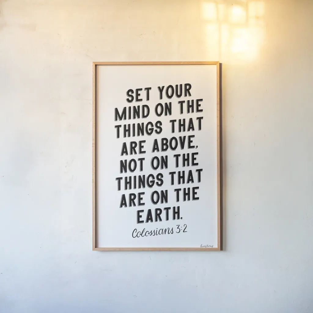 Bible Saying II BW by Becky Thorns. shown as a paper print in a natural frame. Available as a archival giclee rolled canvas, fine art paper, or poster print. SKU 67043h.