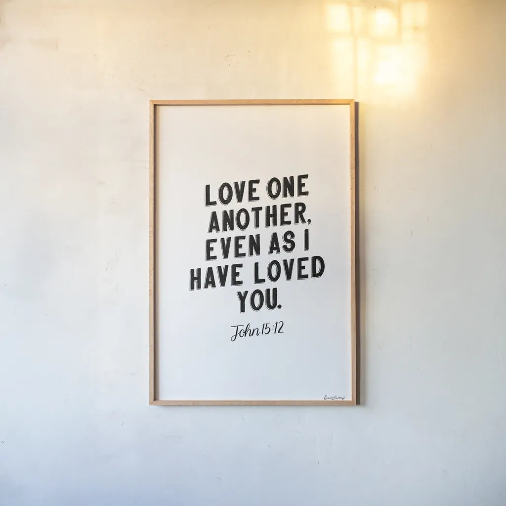 Bible Saying III BW by Becky Thorns. shown as a paper print in a natural frame. Available as a archival giclee rolled canvas, fine art paper, or poster print. SKU 67044h.