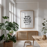 Bible Saying IV BW by Becky Thorns. shown as a print in a natural wood frame in a dining room. Available as a archival giclee rolled canvas, fine art paper, or poster print. SKU 67045h.