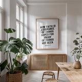 Bible Saying V BW by Becky Thorns. shown as a print in a natural wood frame in a dining room. Available as a archival giclee rolled canvas, fine art paper, or poster print. SKU 67046h.