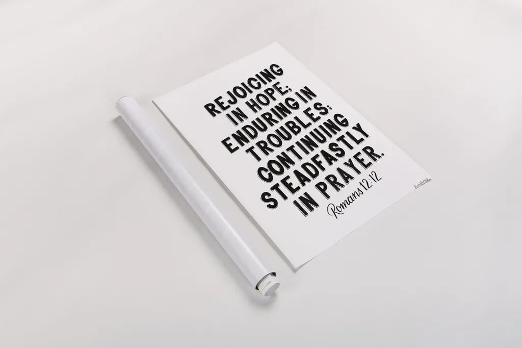 Bible Saying VI BW by Becky Thorns. shown as a rolled paper print. Available as archival giclee rolled canvas, fine art paper, or poster print. SKU 67047h.