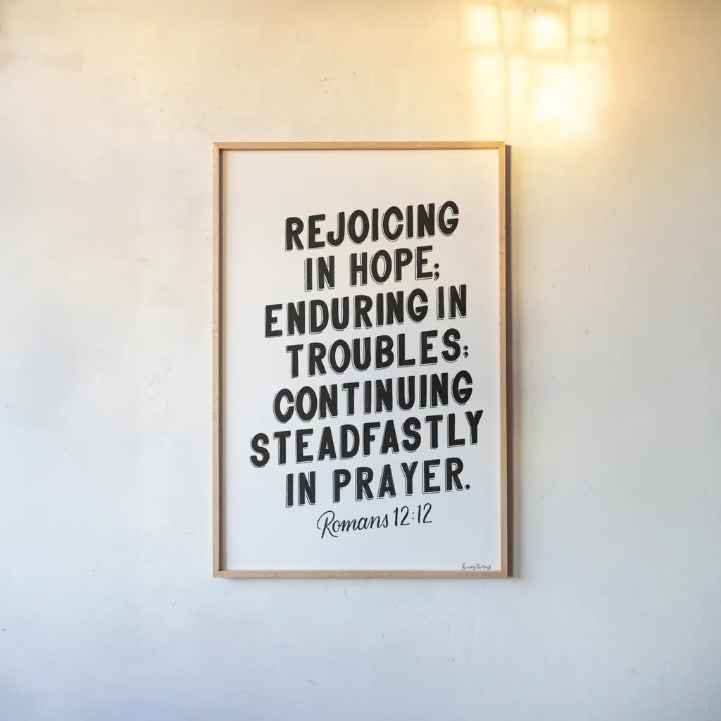 Bible Saying VI BW by Becky Thorns. shown as a paper print in a natural frame. Available as a archival giclee rolled canvas, fine art paper, or poster print. SKU 67047h.