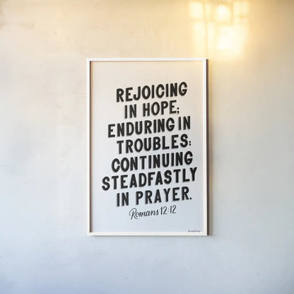 Bible Saying VI BW by Becky Thorns. shown as a paper print in a white frame. Available as a archival giclee rolled canvas, fine art paper, or poster print. SKU 67047h.