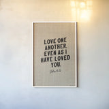 Bible Saying on Burlap III by Becky Thorns. shown as a paper print in a white frame. Available as a archival giclee rolled canvas, fine art paper, or poster print. SKU 97028h.