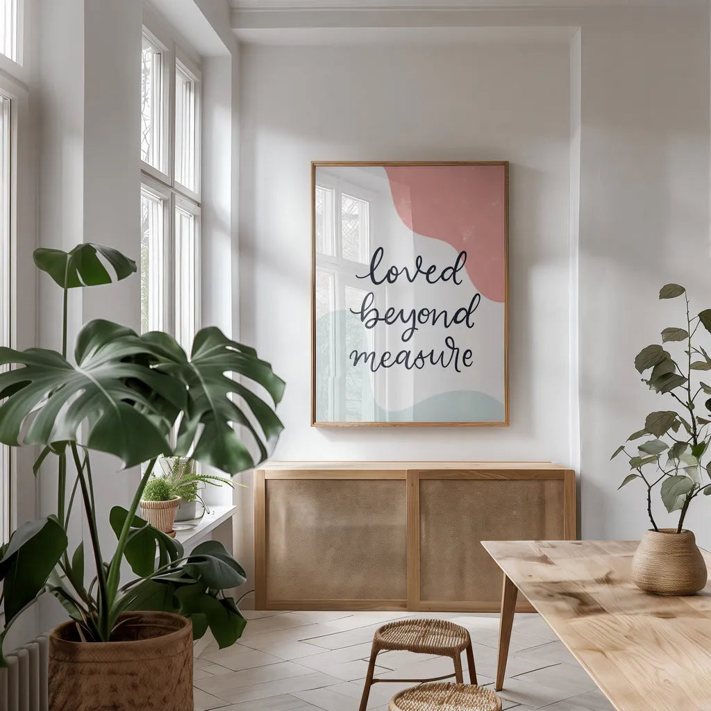 Blush Nursery II by Becky Thorns. shown as a print in a natural wood frame in a dining room. Available as a archival giclee rolled canvas, fine art paper, or poster print. SKU 66457h.