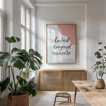 Blush Nursery II by Becky Thorns. shown as a print in a natural wood frame in a dining room. Available as a archival giclee rolled canvas, fine art paper, or poster print. SKU 66457h.