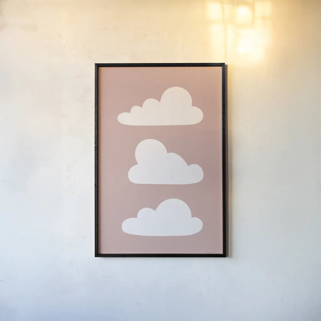 Boho Nursery Clouds by Becky Thorns. shown as a paper print in a black flame. Available as a archival giclee rolled canvas, fine art paper, or poster print. SKU 71372h.