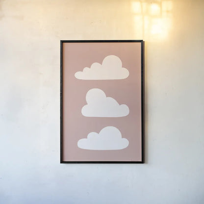 Boho Nursery Clouds by Becky Thorns. shown as a paper print in a black flame. Available as a archival giclee rolled canvas, fine art paper, or poster print. SKU 71372h.