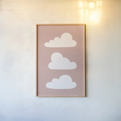 Boho Nursery Clouds by Becky Thorns. shown as a paper print in a natural frame. Available as a archival giclee rolled canvas, fine art paper, or poster print. SKU 71372h.