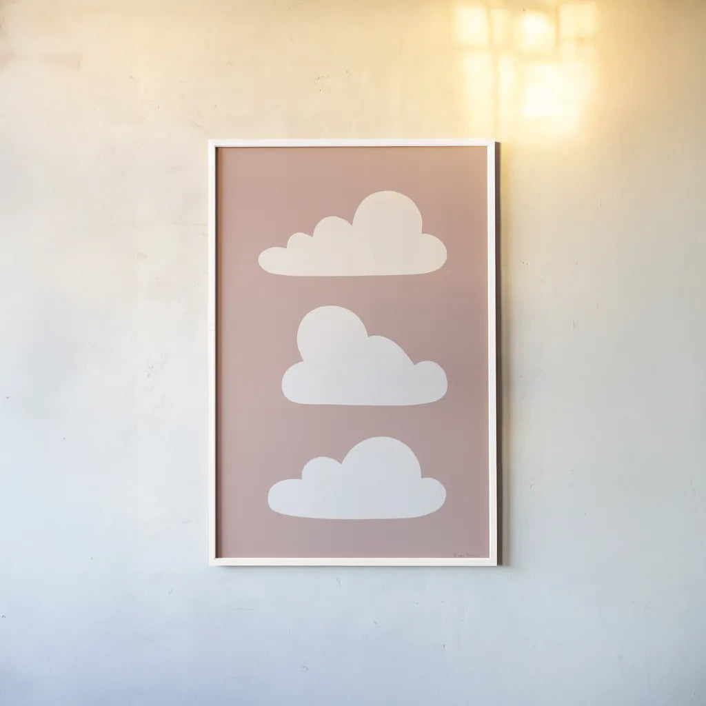 Boho Nursery Clouds by Becky Thorns. shown as a paper print in a white frame. Available as a archival giclee rolled canvas, fine art paper, or poster print. SKU 71372h.