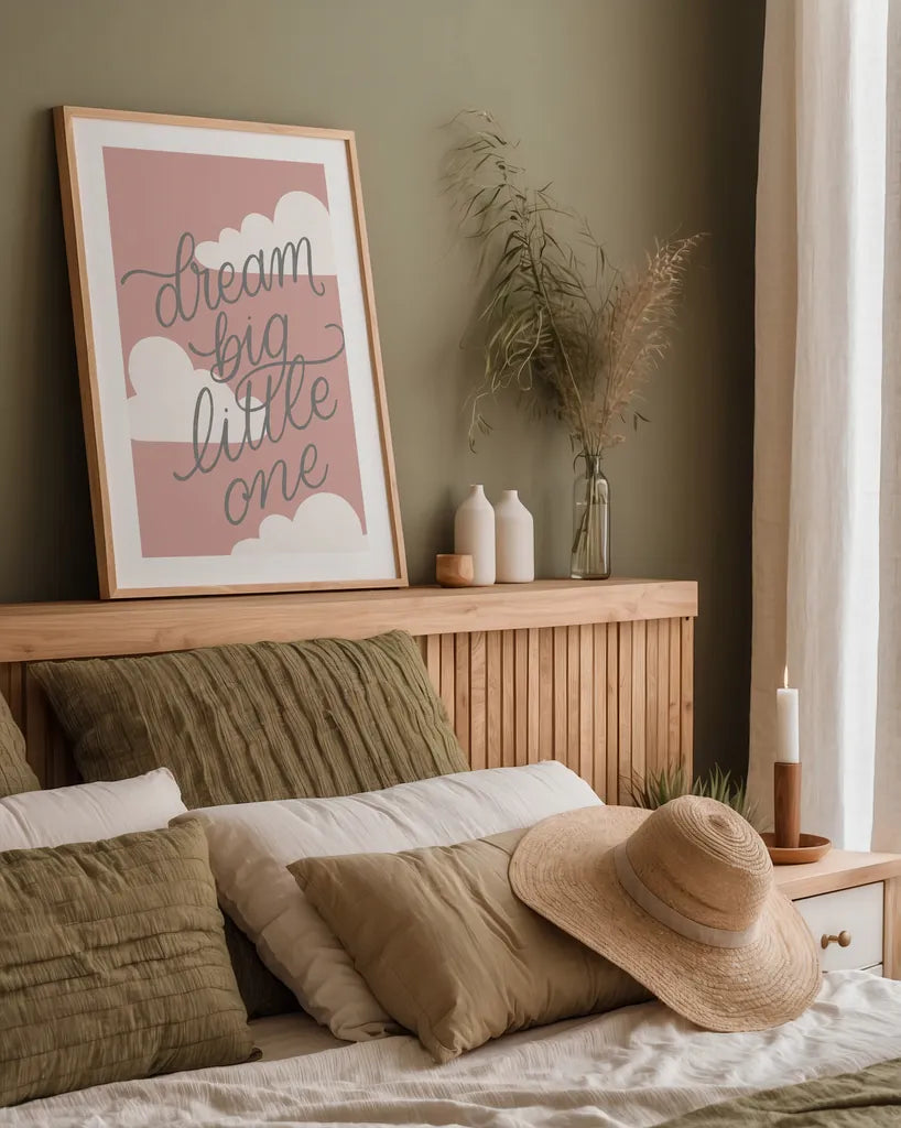 Boho Nursery IV Blush by Becky Thorns. shown as a paper print in a natural frame. Available as a archival giclee rolled canvas, fine art paper, or poster print. SKU 66527h.