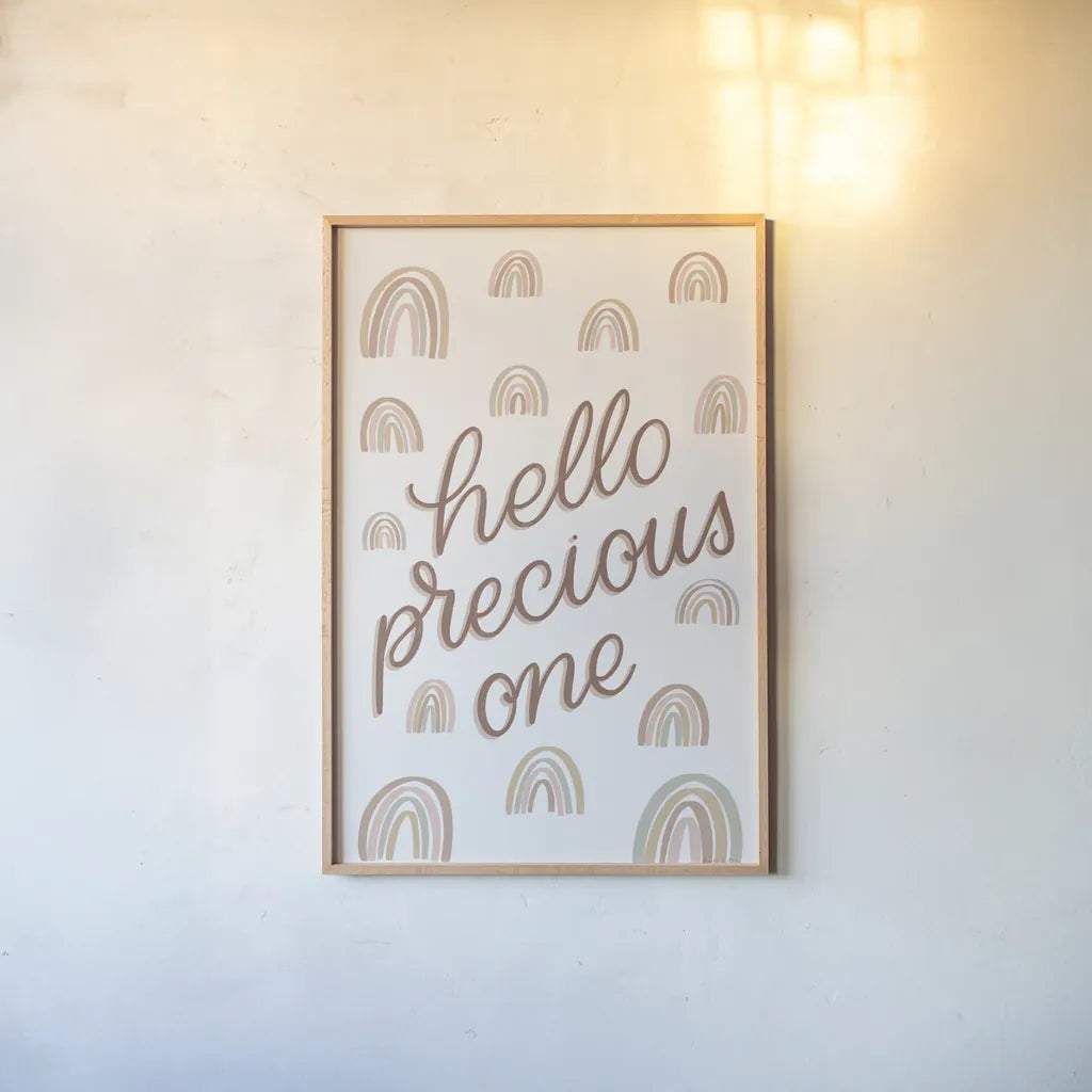 Boho Nursery X by Becky Thorns. shown as a paper print in a natural frame. Available as a archival giclee rolled canvas, fine art paper, or poster print. SKU 55646h.