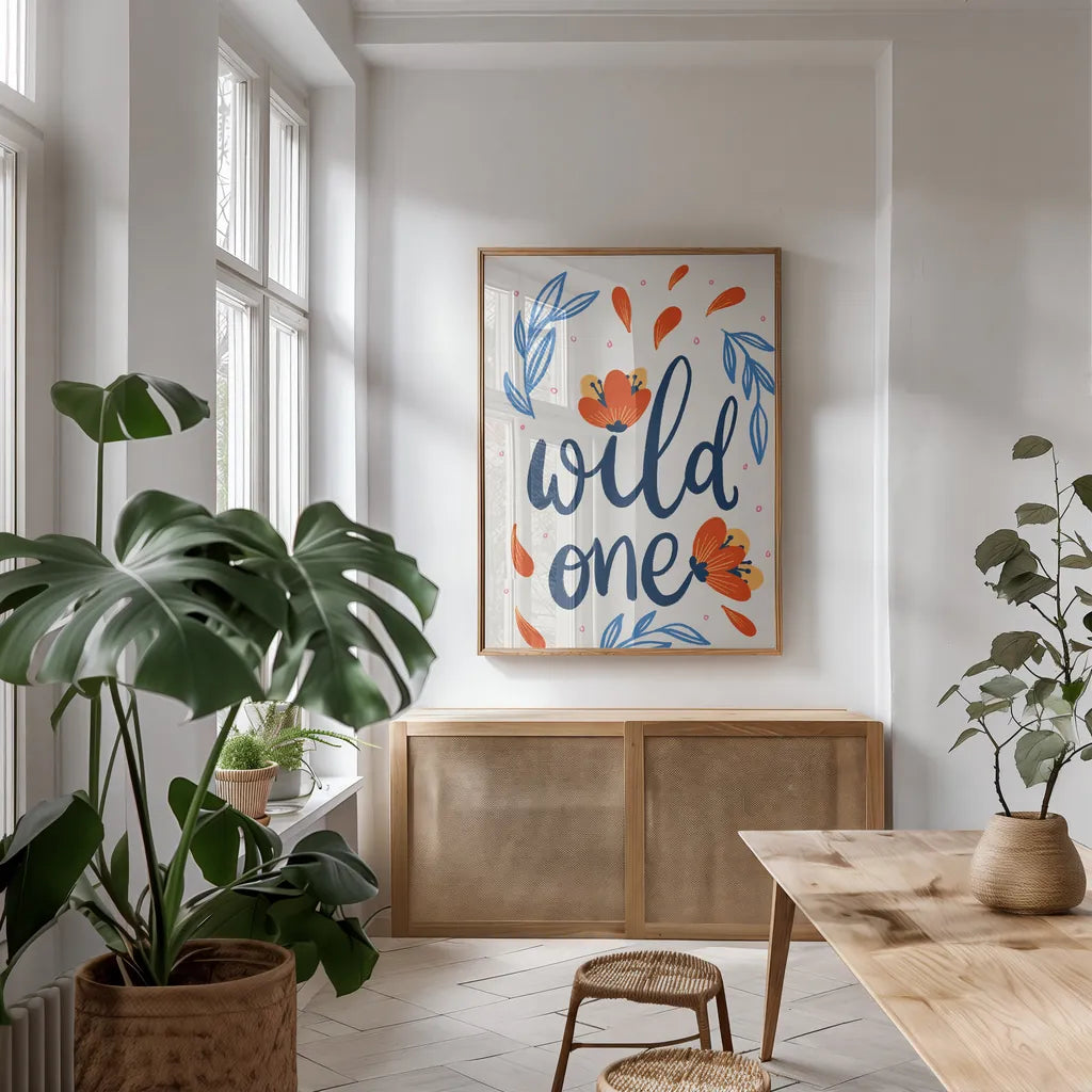 Bold Bright I by Becky Thorns. shown as a print in a natural wood frame in a dining room. Available as a archival giclee rolled canvas, fine art paper, or poster print. SKU 79244h.