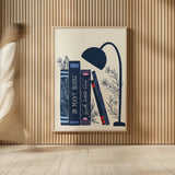 Bookish Blue I by Becky Thorns. shown as over sized large wall art. Available as an archival giclee rolled canvas, fine art paper, or poster print. SKU 97119h.