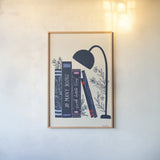 Bookish Blue I by Becky Thorns. shown as a paper print in a natural frame. Available as a archival giclee rolled canvas, fine art paper, or poster print. SKU 97119h.