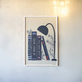 Bookish Blue I by Becky Thorns. shown as a paper print in a white frame. Available as a archival giclee rolled canvas, fine art paper, or poster print. SKU 97119h.