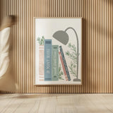 Bookish Blue I v2 by Becky Thorns. shown as over sized large wall art. Available as an archival giclee rolled canvas, fine art paper, or poster print. SKU 101554h.