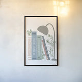 Bookish Blue I v2 by Becky Thorns. shown as a paper print in a black flame. Available as a archival giclee rolled canvas, fine art paper, or poster print. SKU 101554h.