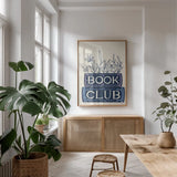 Bookish Blue II by Becky Thorns. shown as a print in a natural wood frame in a dining room. Available as a archival giclee rolled canvas, fine art paper, or poster print. SKU 97120h.
