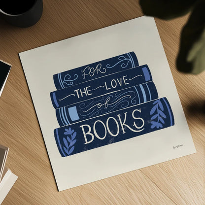Bookish Blue III by Becky Thorns. Shown as a detailed flat fine art print, highlighting archival giclee quality. Available as an archival giclee rolled canvas, fine art paper, or poster print. SKU 97121a.