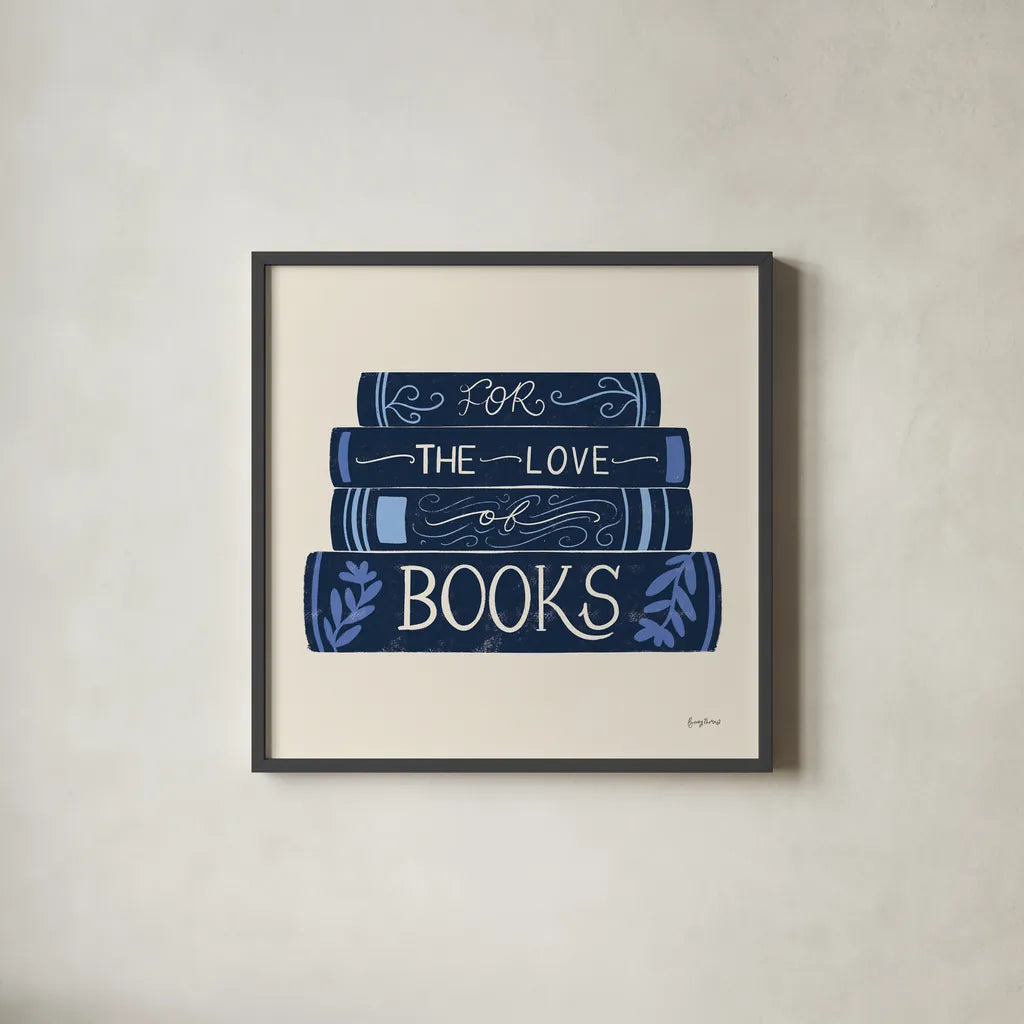 Bookish Blue III by Becky Thorns. Shown in a sleek black glass frame for a contemporary gallery look. Available as an archival giclee rolled canvas, fine art paper, or poster print. SKU 97121a.