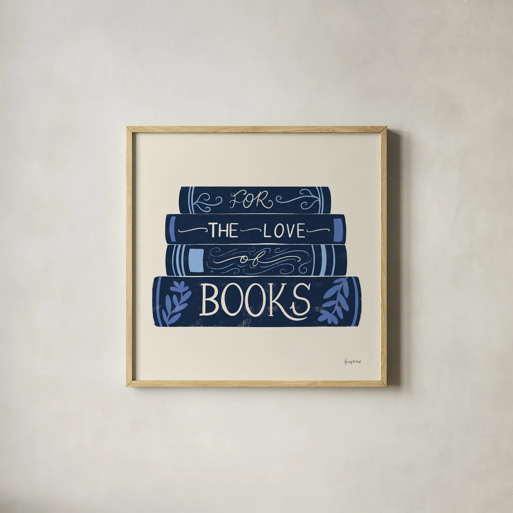 Bookish Blue III by Becky Thorns. Shown in a natural wood glass frame for a timeless modern aesthetic. Available as an archival giclee rolled canvas, fine art paper, or poster print. SKU 97121a.