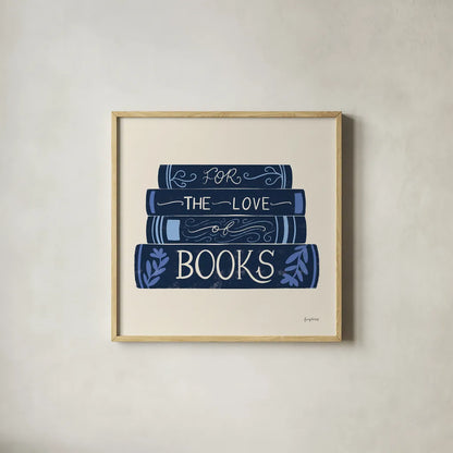 Bookish Blue III by Becky Thorns. Shown in a natural wood glass frame for a timeless modern aesthetic. Available as an archival giclee rolled canvas, fine art paper, or poster print. SKU 97121a.