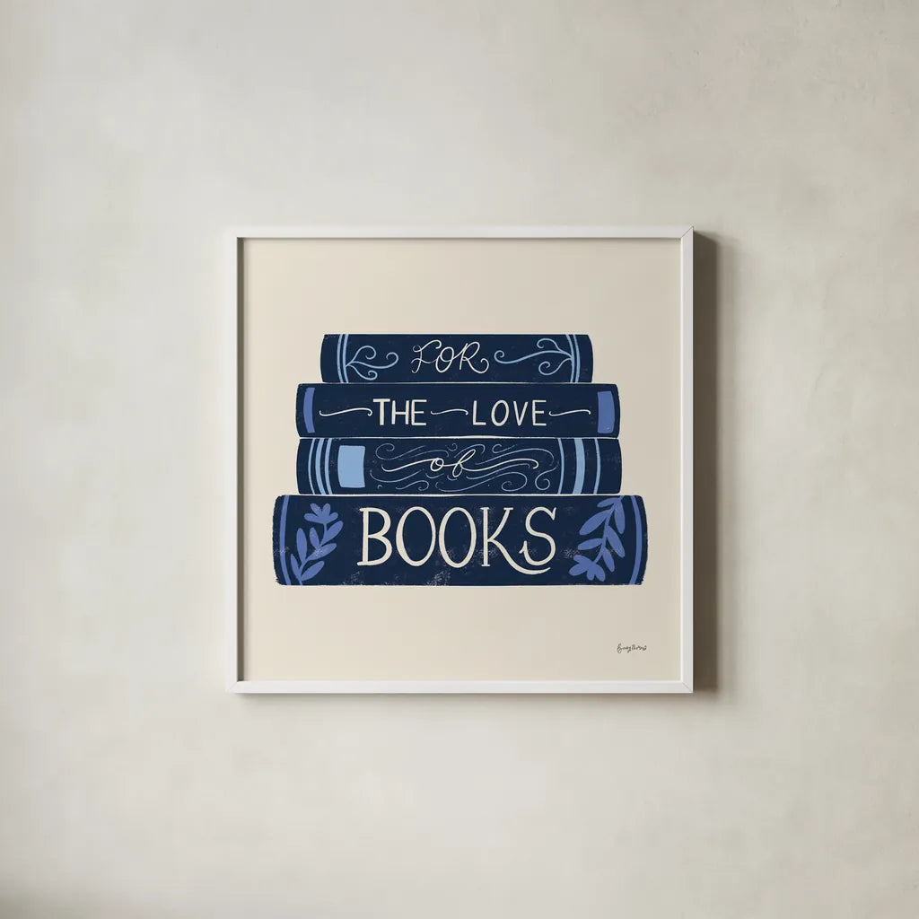 Bookish Blue III by Becky Thorns. Shown in a crisp white glass frame for a clean and minimalist style. Available as an archival giclee rolled canvas, fine art paper, or poster print. SKU 97121a.