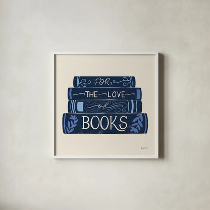 Bookish Blue III by Becky Thorns. Shown in a crisp white glass frame for a clean and minimalist style. Available as an archival giclee rolled canvas, fine art paper, or poster print. SKU 97121a.