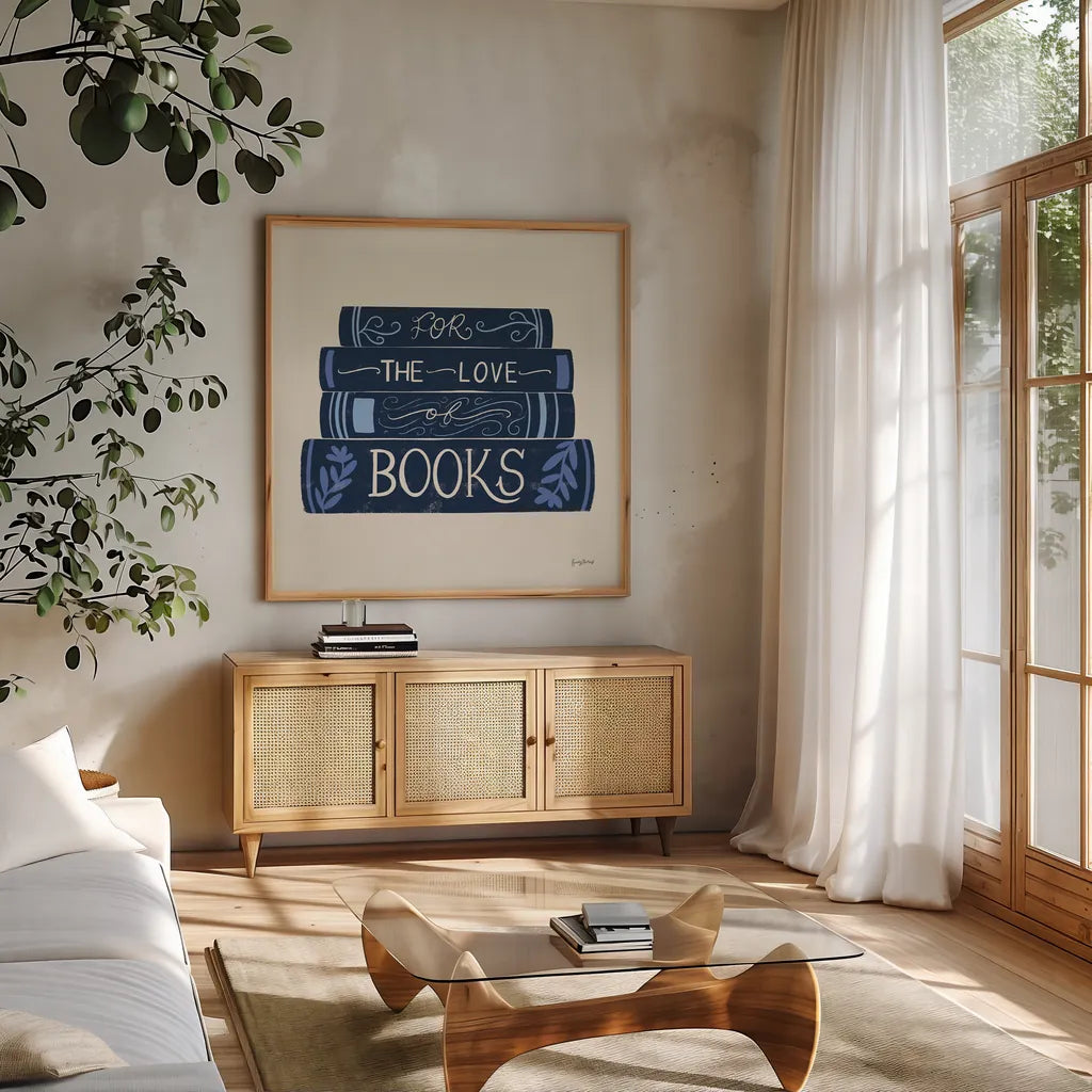 Bookish Blue III by Becky Thorns. Shown in a natural wood frame in a cozy modern living room. Available as an archival giclee rolled canvas, fine art paper, or poster print. SKU 97121a.