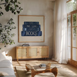 Bookish Blue III by Becky Thorns. Shown in a natural wood frame in a cozy modern living room. Available as an archival giclee rolled canvas, fine art paper, or poster print. SKU 97121a.