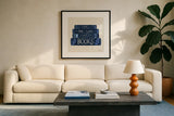 Bookish Blue III by Becky Thorns. Displayed in a glass frame with matte in a clean modern living room. Available as an archival giclee rolled canvas, fine art paper, or poster print. SKU 97121a.