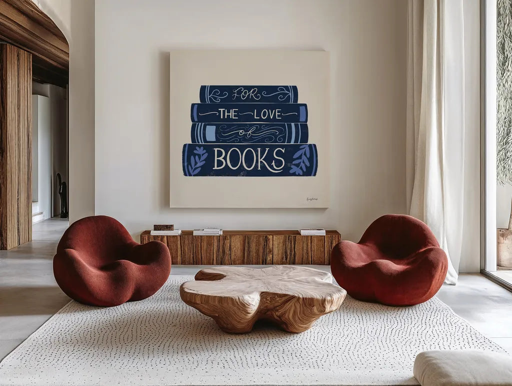 Bookish Blue III by Becky Thorns. Shown as extra-large giant wall art in a modern living room. Available as an archival giclee rolled canvas, fine art paper, or poster print. SKU 97121a.