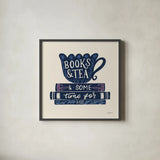 Bookish Blue IV by Becky Thorns. Shown in a sleek black glass frame for a contemporary gallery look. Available as an archival giclee rolled canvas, fine art paper, or poster print. SKU 97122a.