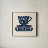 Bookish Blue IV by Becky Thorns. Shown in a natural wood glass frame for a timeless modern aesthetic. Available as an archival giclee rolled canvas, fine art paper, or poster print. SKU 97122a.