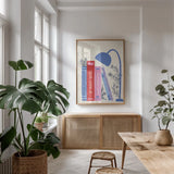 Bookish I by Becky Thorns. shown as a print in a natural wood frame in a dining room. Available as a archival giclee rolled canvas, fine art paper, or poster print. SKU 97115h.