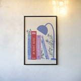 Bookish I by Becky Thorns. shown as a paper print in a black flame. Available as a archival giclee rolled canvas, fine art paper, or poster print. SKU 97115h.
