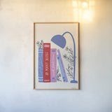 Bookish I by Becky Thorns. shown as a paper print in a natural frame. Available as a archival giclee rolled canvas, fine art paper, or poster print. SKU 97115h.