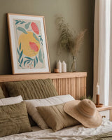 Botanical Poster I by Becky Thorns. shown as a paper print in a natural frame. Available as a archival giclee rolled canvas, fine art paper, or poster print. SKU 86283h.