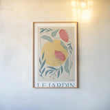 Botanical Poster I by Becky Thorns. shown as a paper print in a natural frame. Available as a archival giclee rolled canvas, fine art paper, or poster print. SKU 86283h.