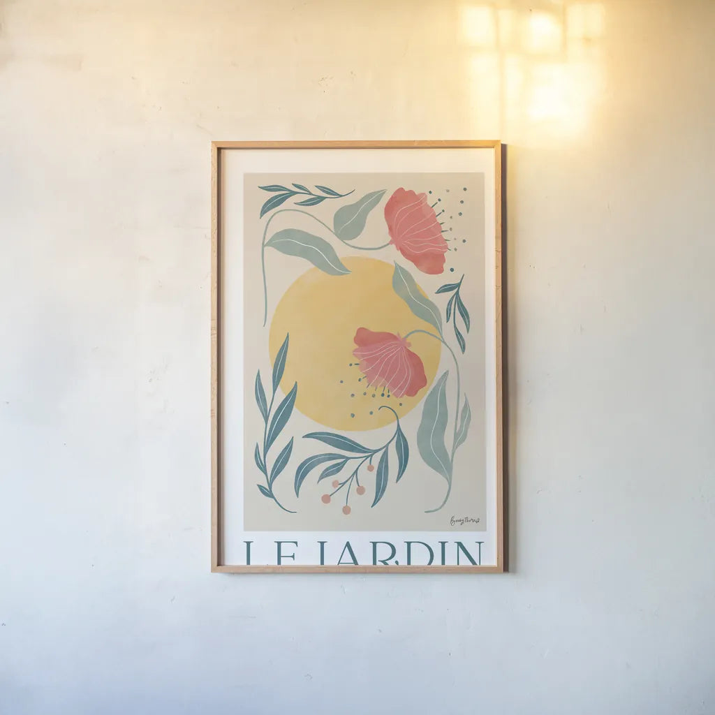 Botanical Poster I by Becky Thorns. shown as a paper print in a natural frame. Available as a archival giclee rolled canvas, fine art paper, or poster print. SKU 86283h.