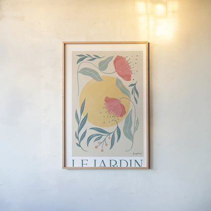 Botanical Poster I by Becky Thorns. shown as a paper print in a natural frame. Available as a archival giclee rolled canvas, fine art paper, or poster print. SKU 86283h.