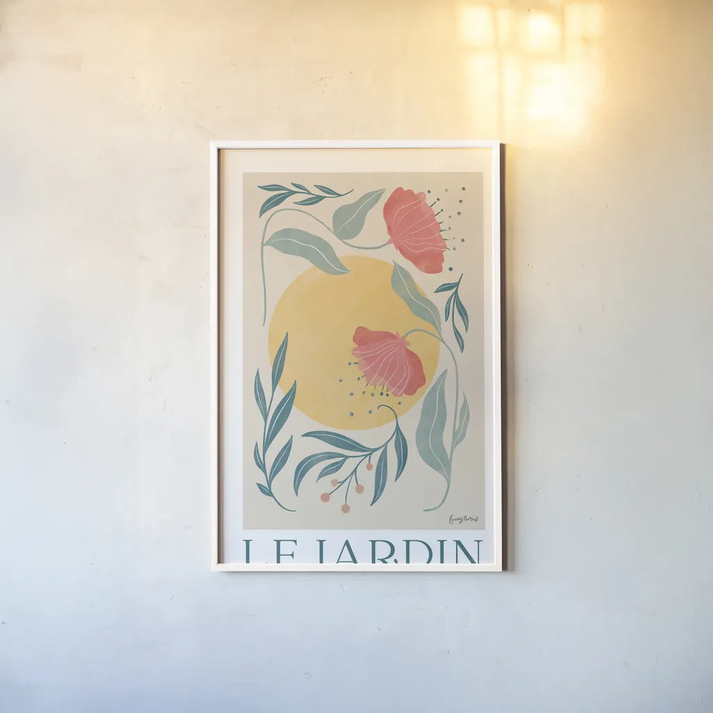 Botanical Poster I by Becky Thorns. shown as a paper print in a white frame. Available as a archival giclee rolled canvas, fine art paper, or poster print. SKU 86283h.