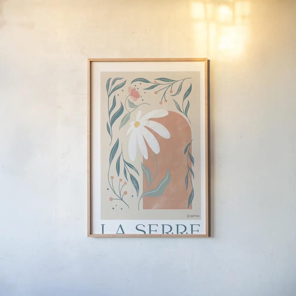 Botanical Poster II by Becky Thorns. shown as a paper print in a natural frame. Available as a archival giclee rolled canvas, fine art paper, or poster print. SKU 86284h.